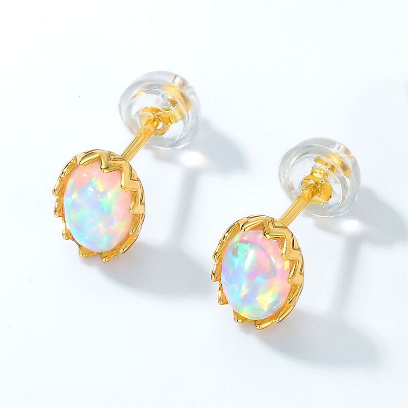 S925 Sterling Silver Gold-Plated Vintage Opal Stud Earrings