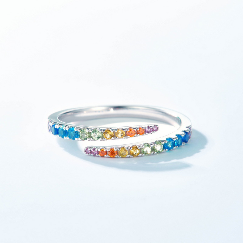S925 Sterling Silver Gold-Plated Geometric Rainbow Zircon Ring