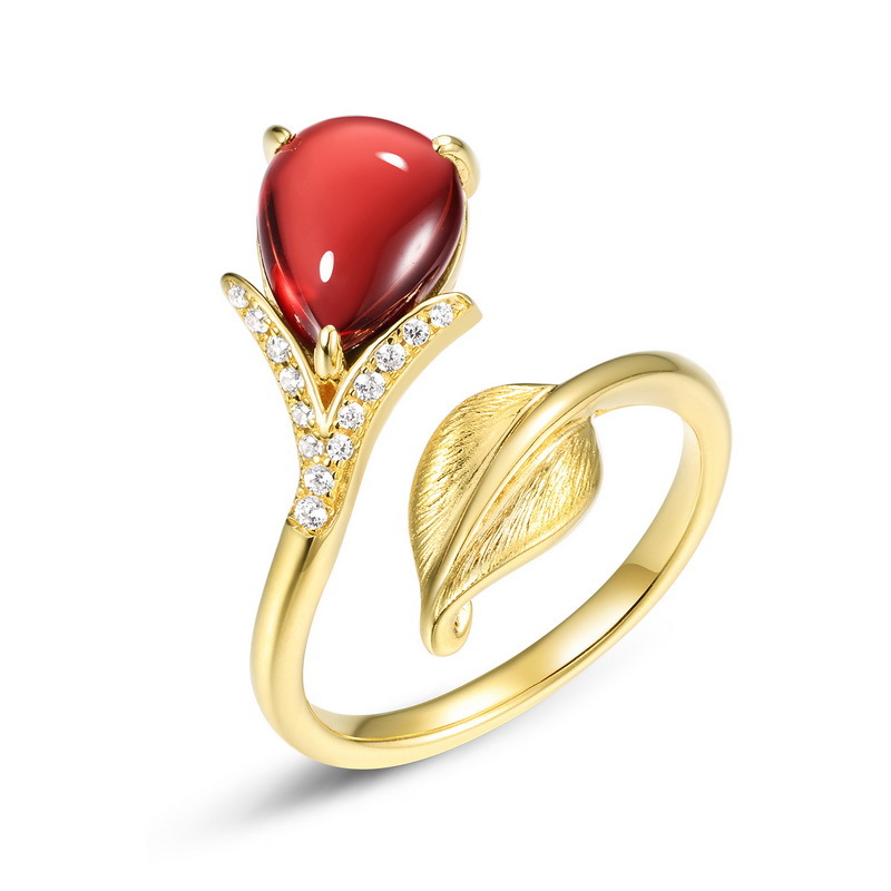 S925 Sterling Silver Gold-Plated Garnet Leaf Shape Ring