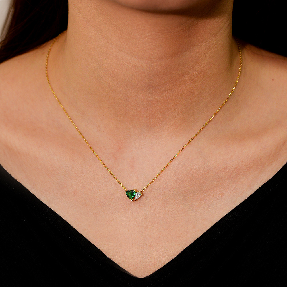 S925 Sterling Silver Emerald Heart-Shaped Zircon Necklace