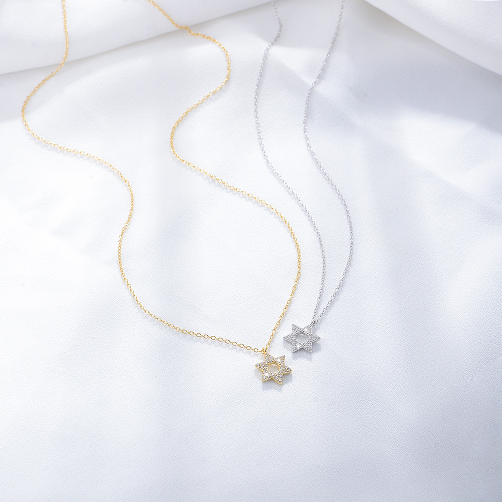 S925 Sterling Silver with Shiny Zircon Six-Pointed Star Pendant Necklace