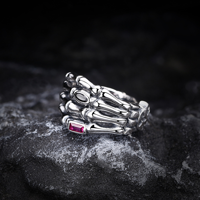 S925 Sterling Silver Halloween Skull Claw Open Ring