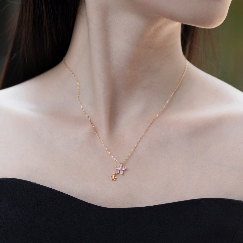 S925 Sterling Silver Plating 10K Gold Pink Little Flower Pendant Necklace 