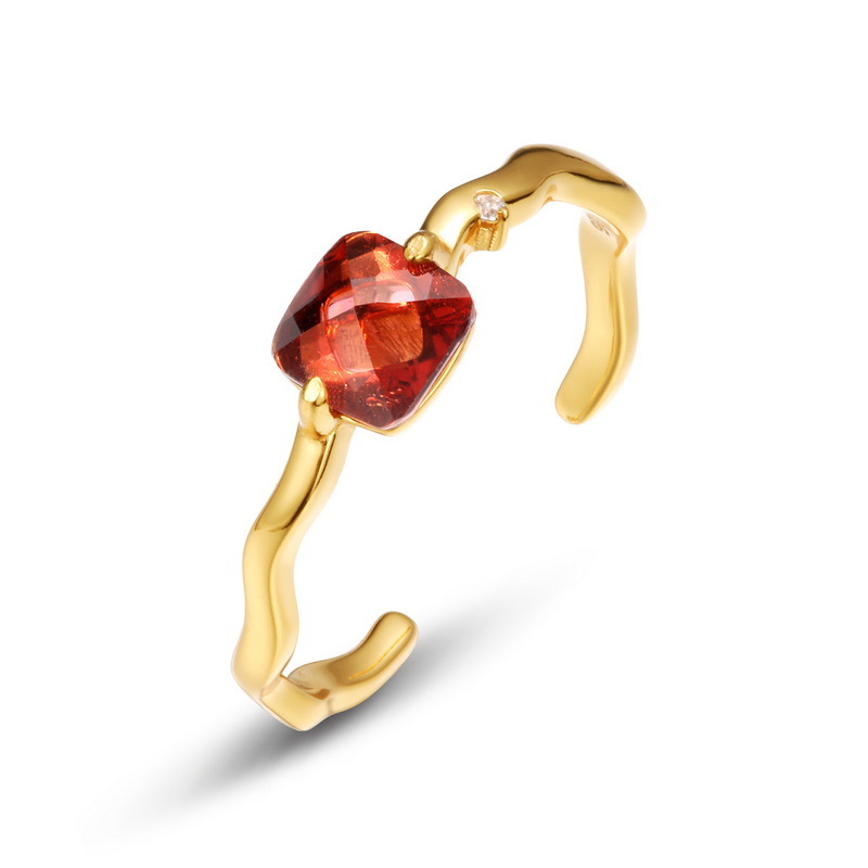 S925 Sterling Silver Gold-Plated Natural Garnet Ring