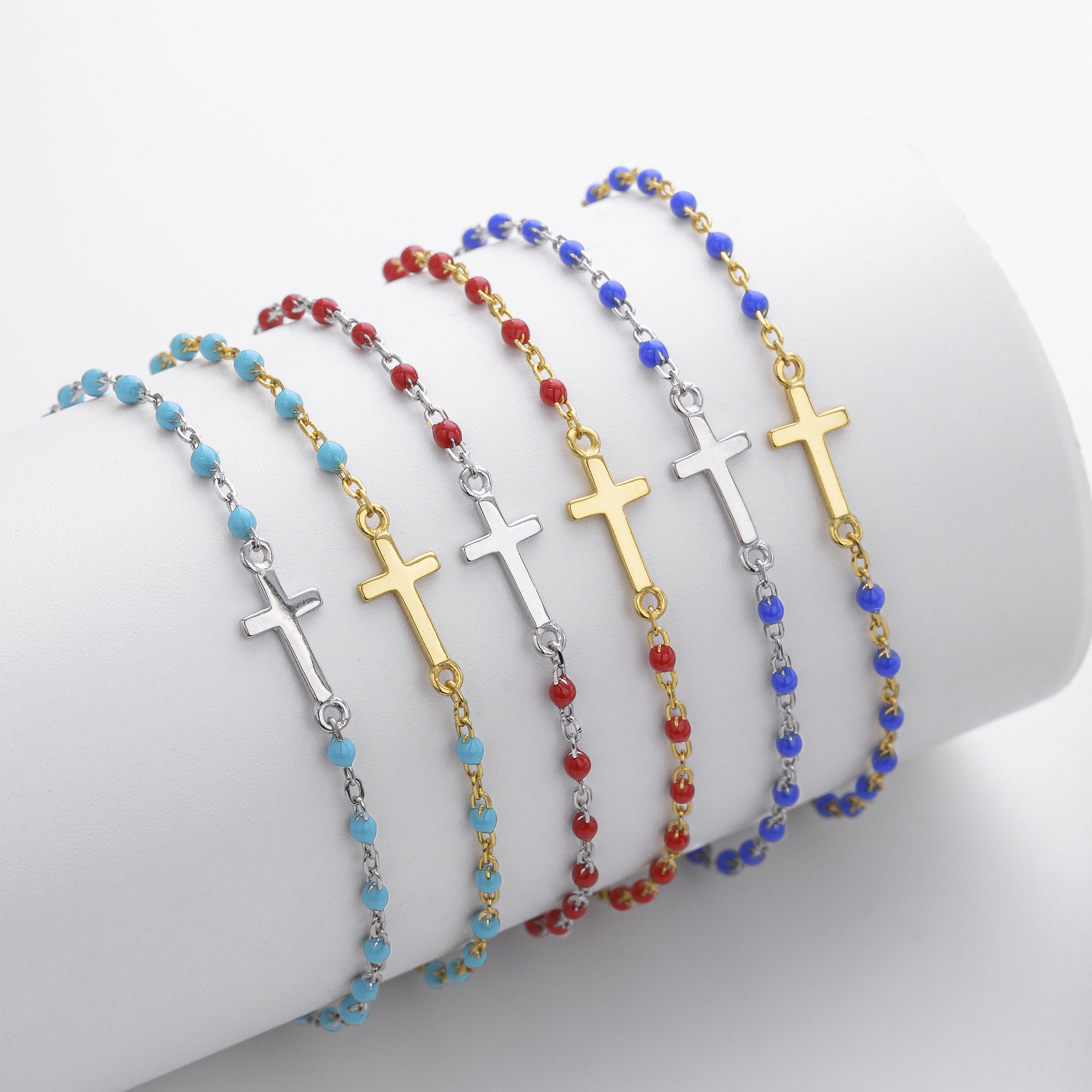 S925 Sterling Silver Cross Bracelet with Colorful Enamel Detail
