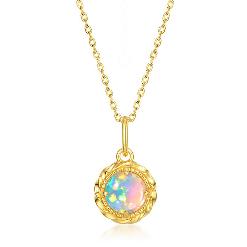 S925 Sterling Silver Gold-Plated Retro Opal Pendant Necklace