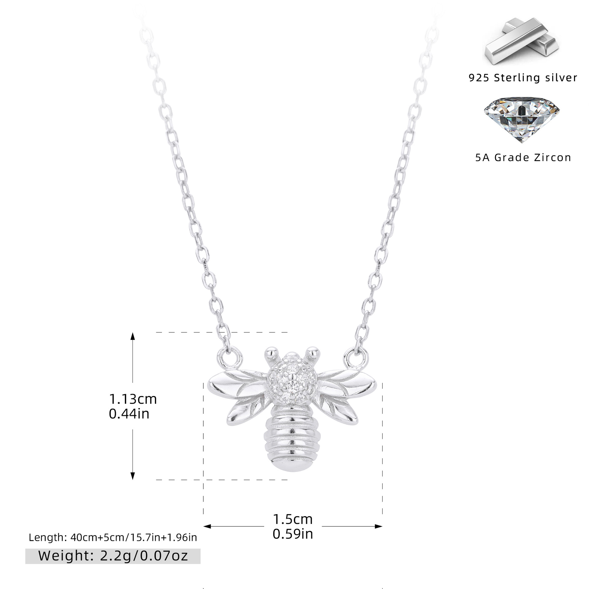 S925 pure silver fashionable zirconia bee-shaped necklace