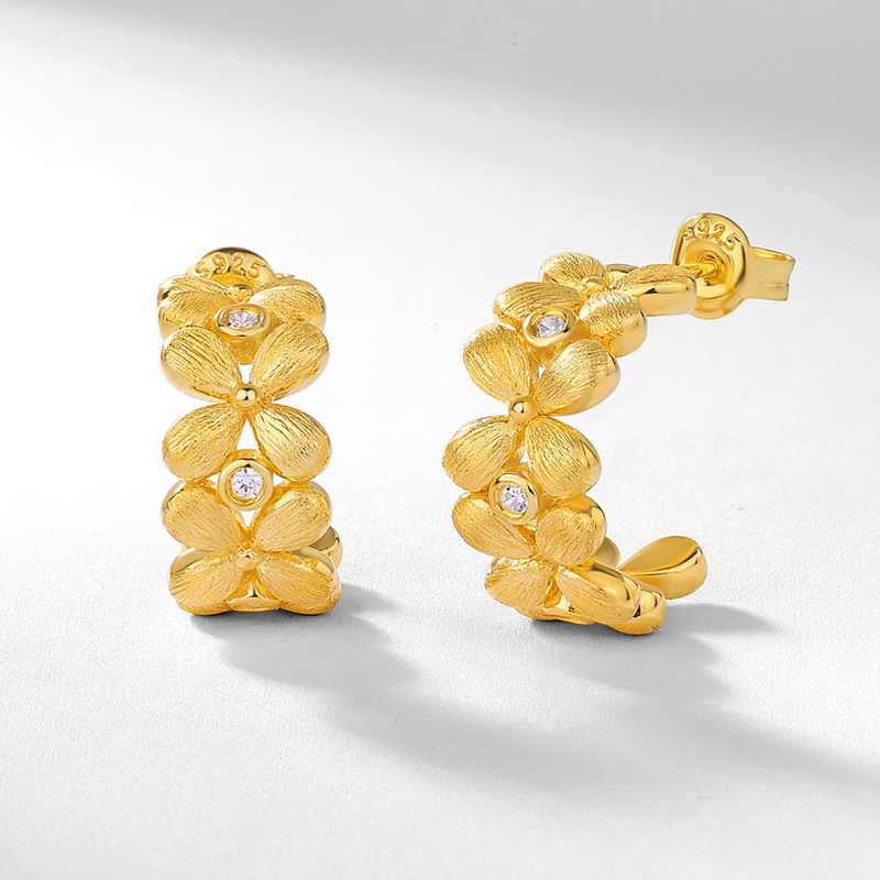S925 Sterling Silver Gold Plated Vintage Court Style Flower Zircon Earrings