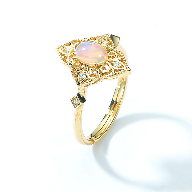 S925 Sterling Silver Gold-Plated Vintage Style Natural Opal Zircon Ring