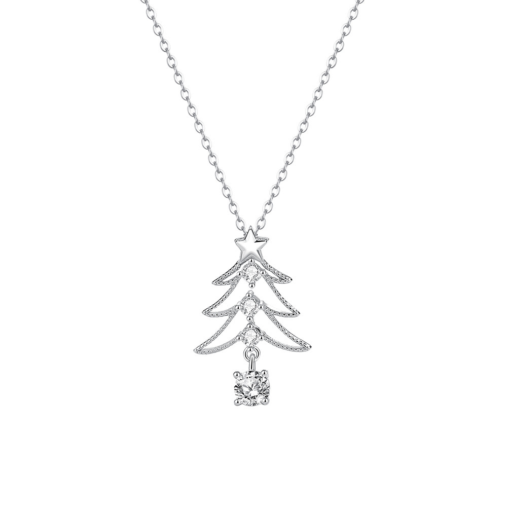 S925 Sterling Silver Openwork Christmas Tree Zircon Necklace