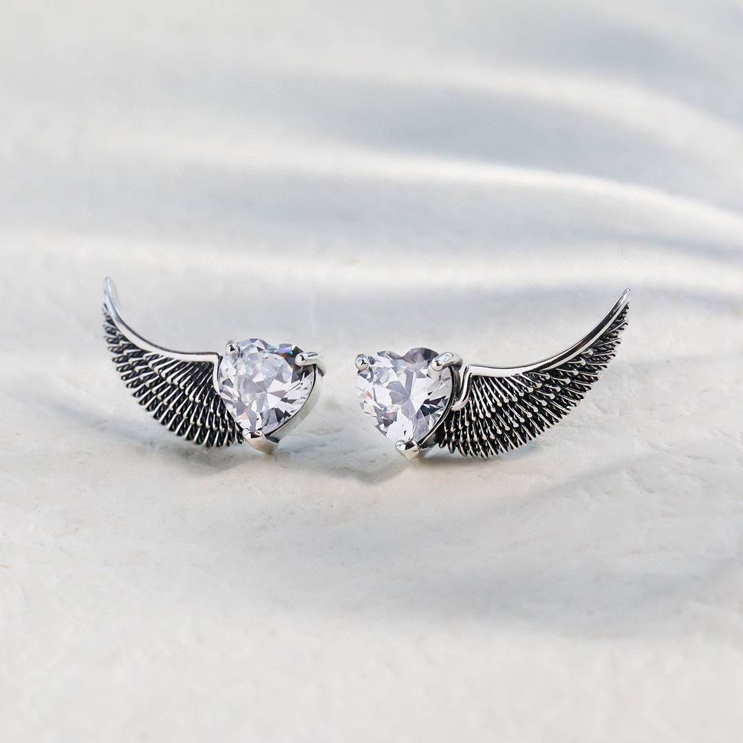 S925 Silver Halloween Devil and Angel Wing Stud Earrings