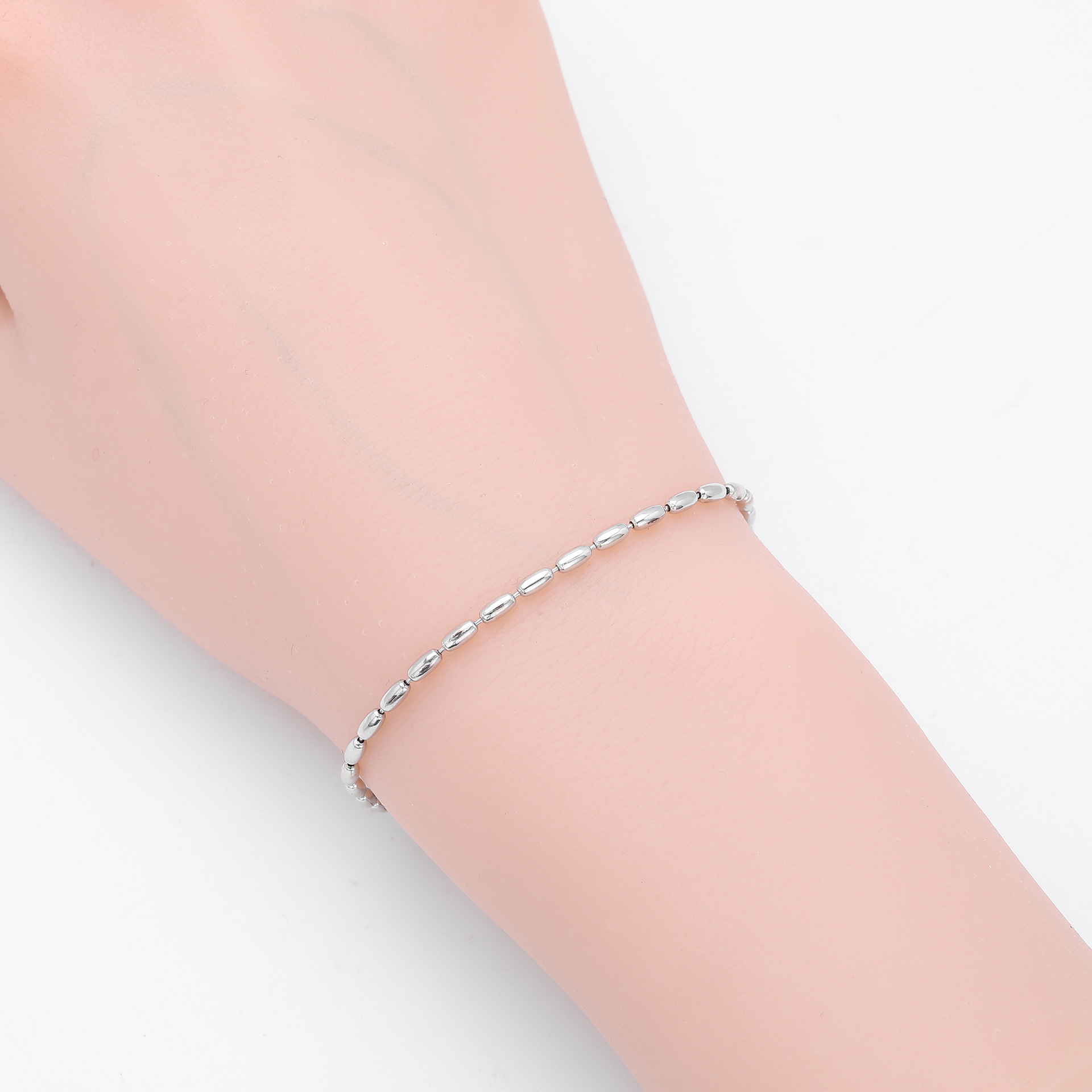 S925 Sterling Silver Rice-Shaped Olive Bead Bracelet