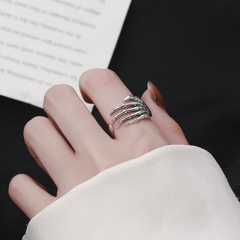 S925 Sterling Silver Halloween Skeleton Hand Open Ring