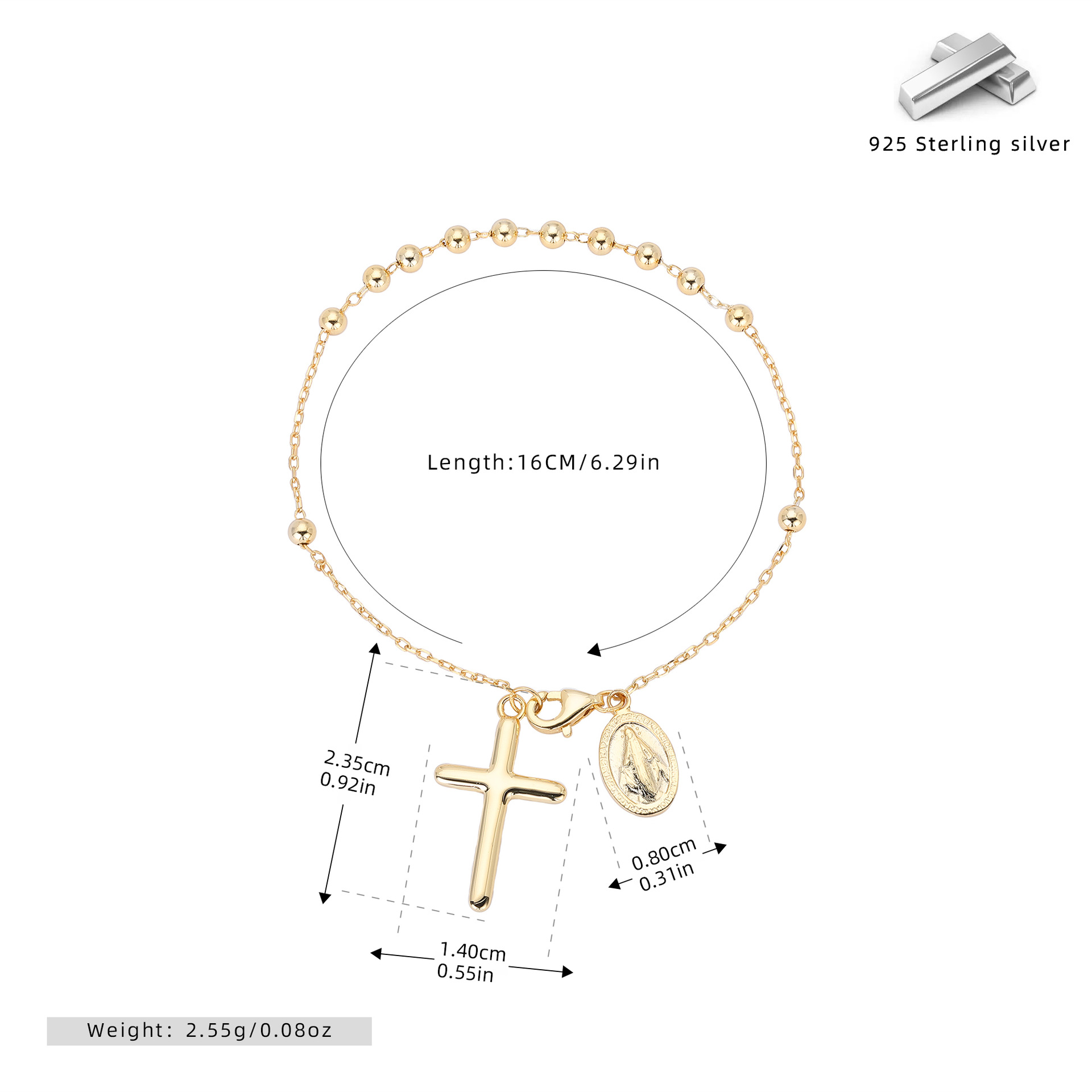 S925 Sterling Silver Rosary Cross Bracelet