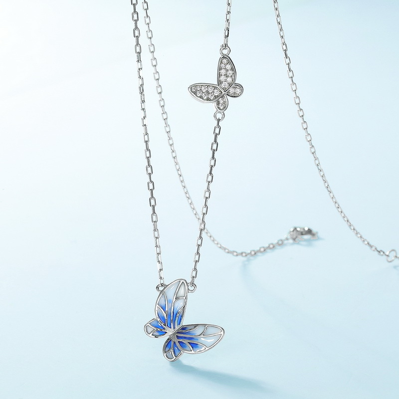 S925 Sterling Silver Blue Openwork Enamel Butterfly Pendant Zircon Necklace
