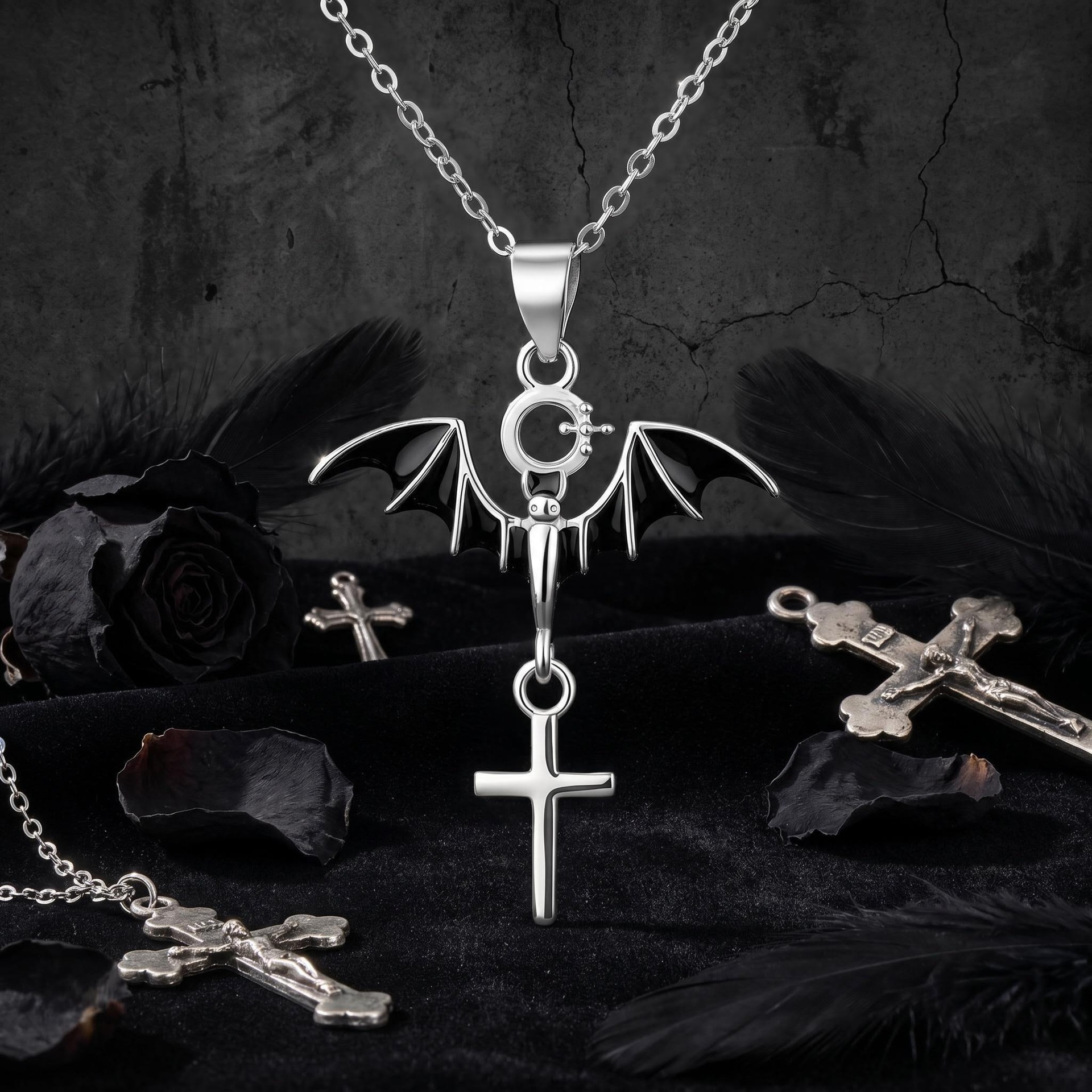 S925 Sterling Silver Halloween Bat Cross Necklace