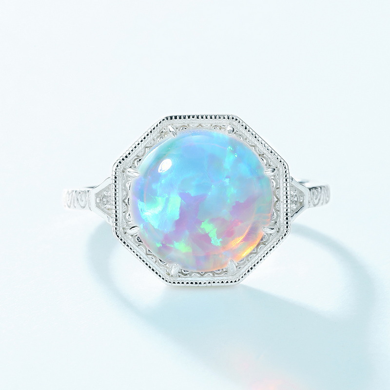 S925 Sterling Silver Hexagonal Opal Buckle Ring