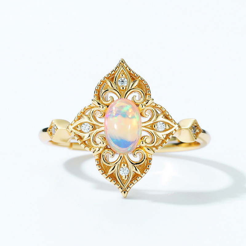 S925 Sterling Silver Gold-Plated Vintage Style Natural Opal Zircon Ring