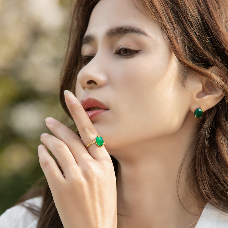 S925 Sterling Silver Gold-Plated Green Agate Ring