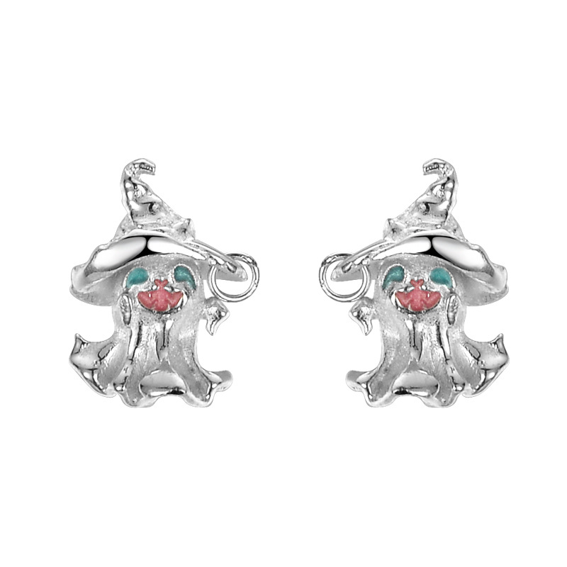 S925 Sterling Silver Whimsical Ghost with Witch Hat Earrings