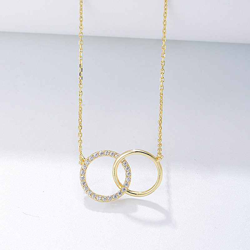 S925 Sterling Silver Simple Zircon Inlaid Double Circle Double Ring Necklace