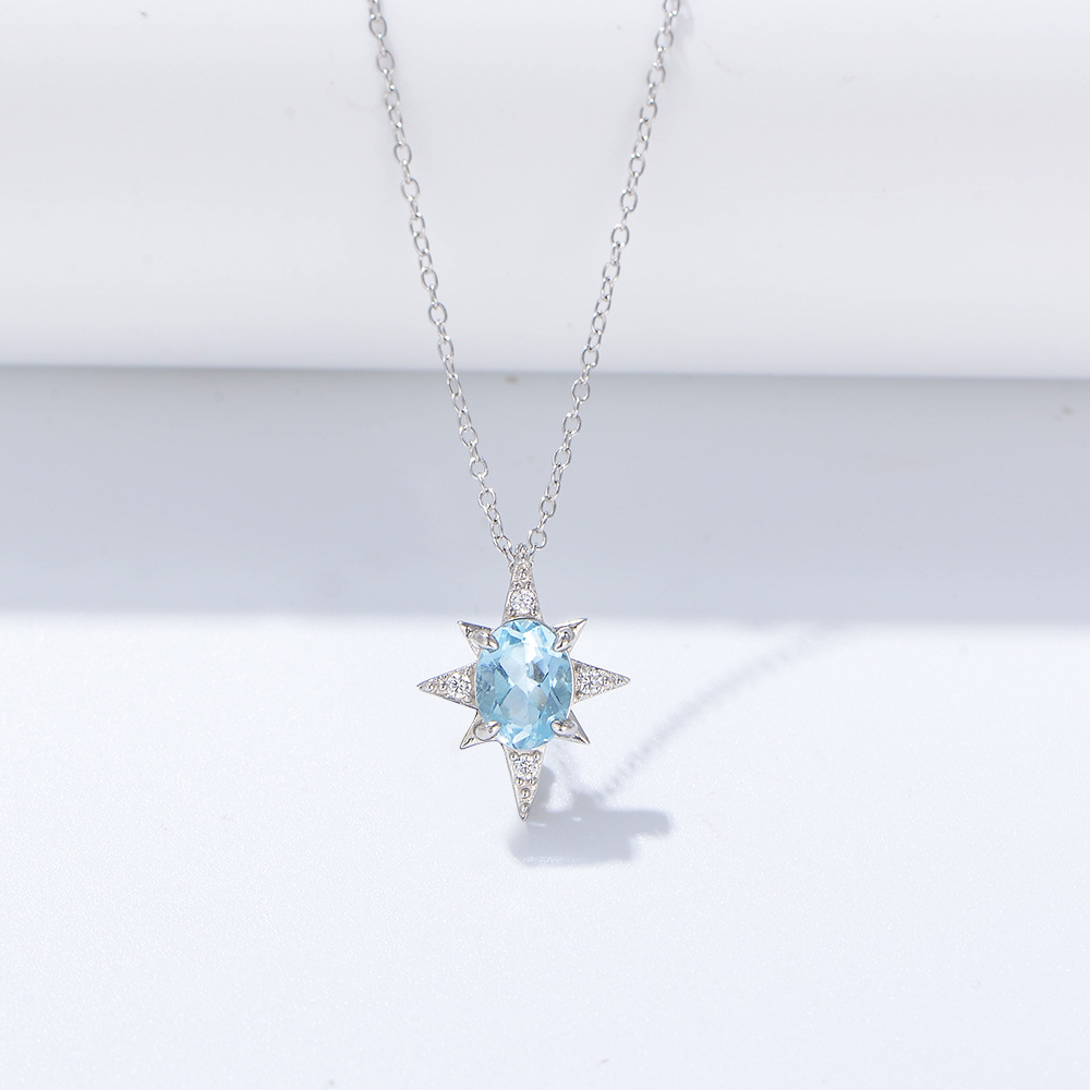 S925 Sterling Silver Eight Awn Star Pendant Sky Blue Natural Topaz Necklace