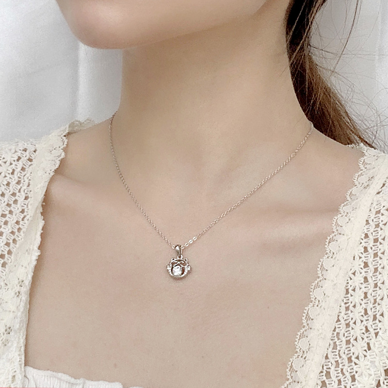 S925 Sterling Silver  Lucky Cat Moissanite Pendant Necklace