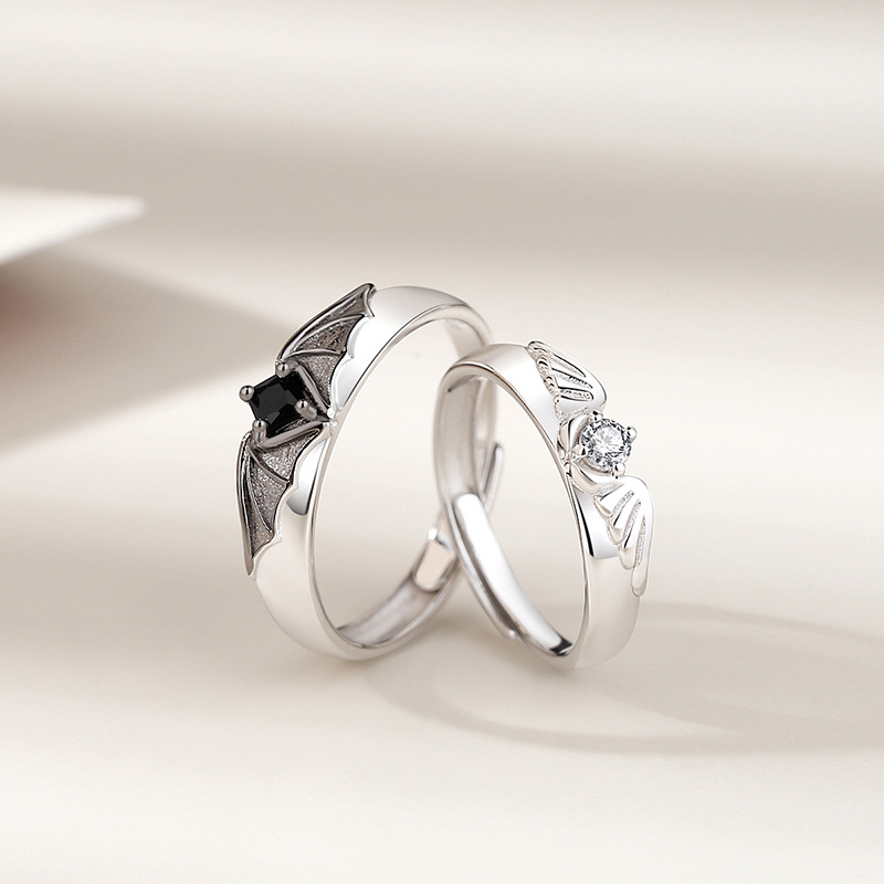 S925 Sterling Silver Halloween Angel & Devil Wing Open-Style Couple's Ring