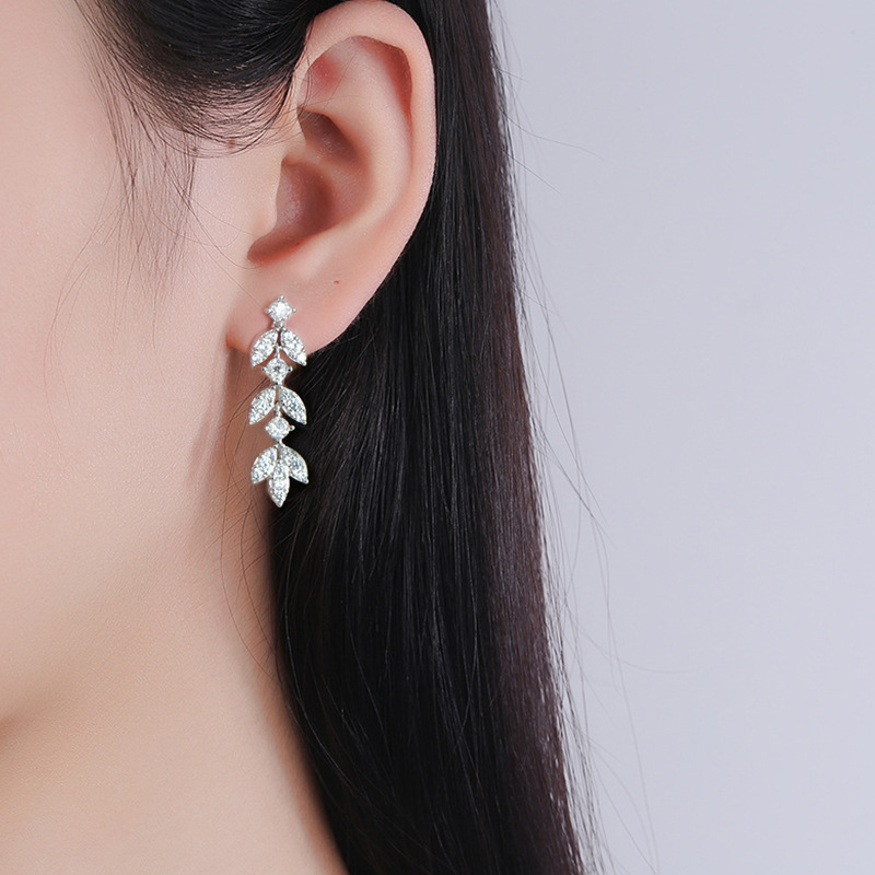 S925 Sterling Silver Leaf Drop Earrings with Moissanite Tassels