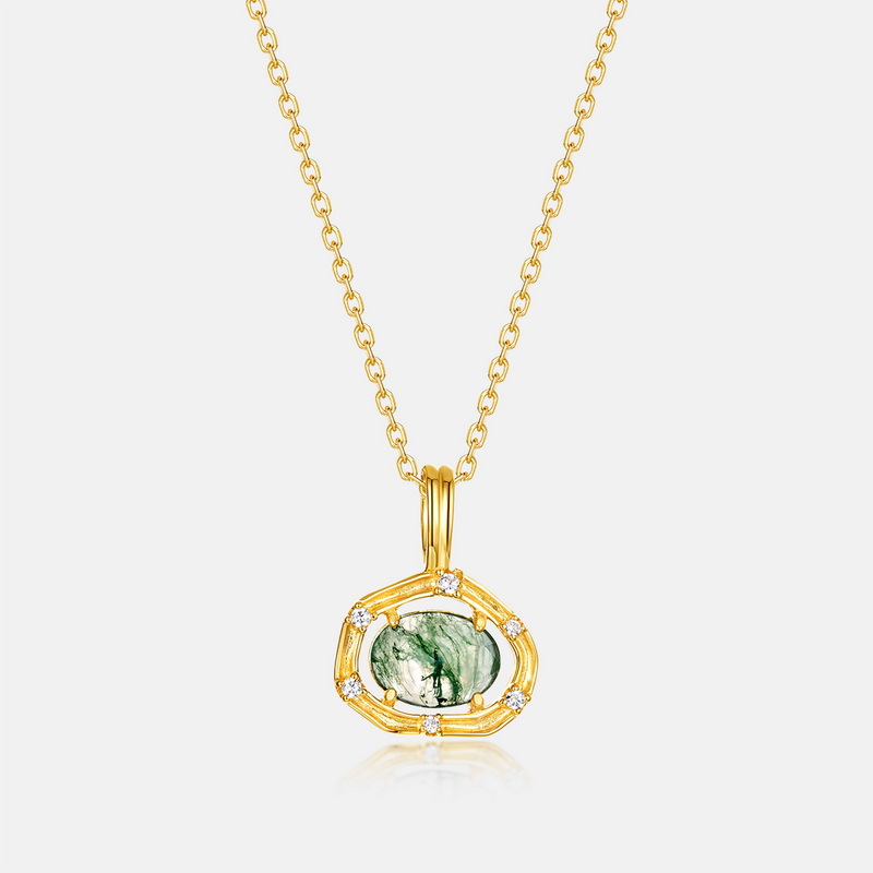 S925 Sterling Silver Gold-Plated Green Moss Pendant Necklace