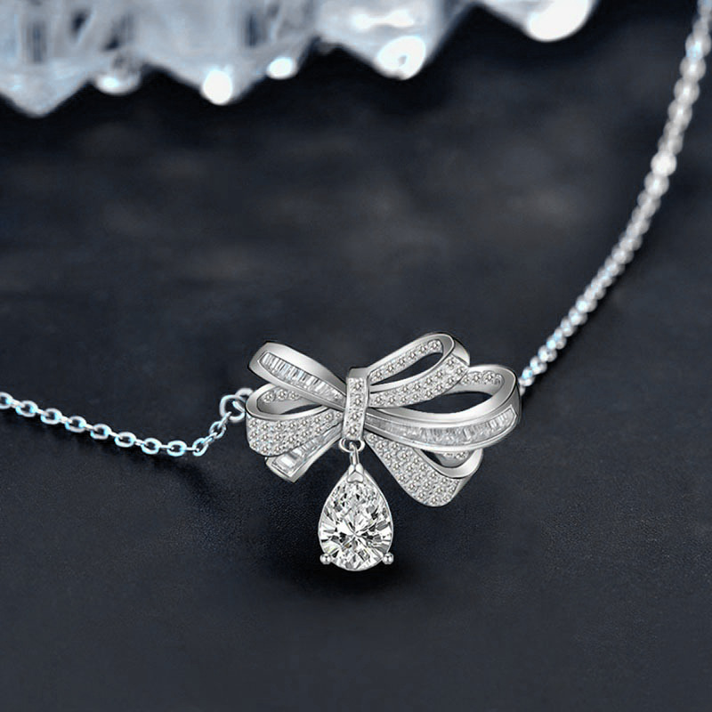 S925 Sterling Silver Tassel Bow Water Drop Moissanite Pendant Necklace