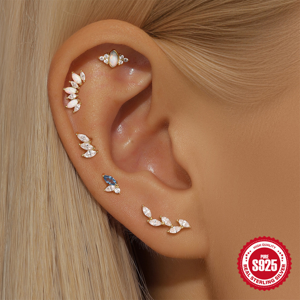 S925 Sterling Silver Heart-Shaped Stud Earrings with Marquise-Cut Zirconia and Flat-Back Threaded Posts