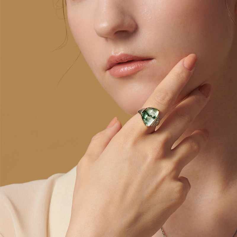 S925 Sterling Silver Geometric Irregular Moss Stone Ring