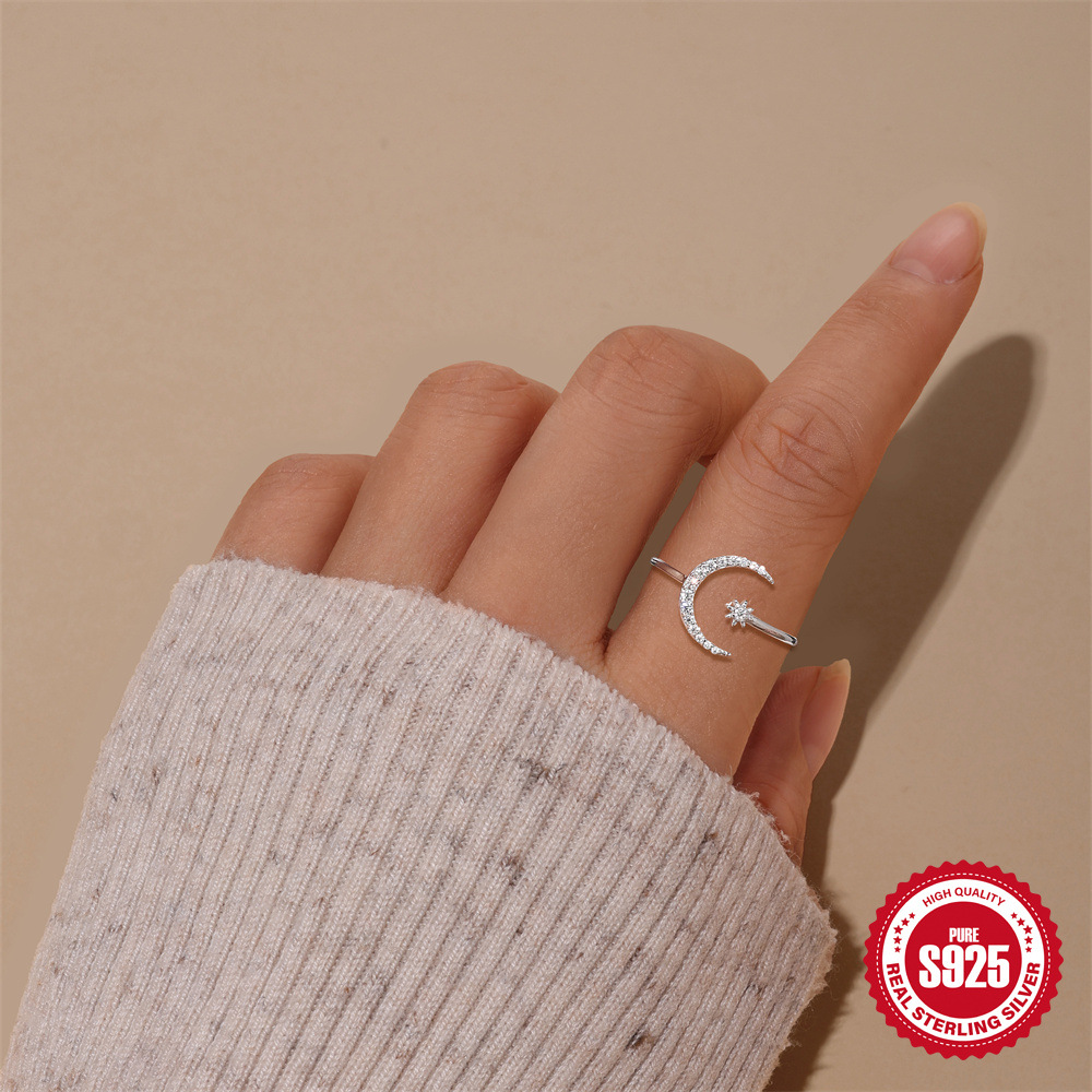 S925 Sterling Silver Moissanite Ring with Heart, Star, and Moon Motifs