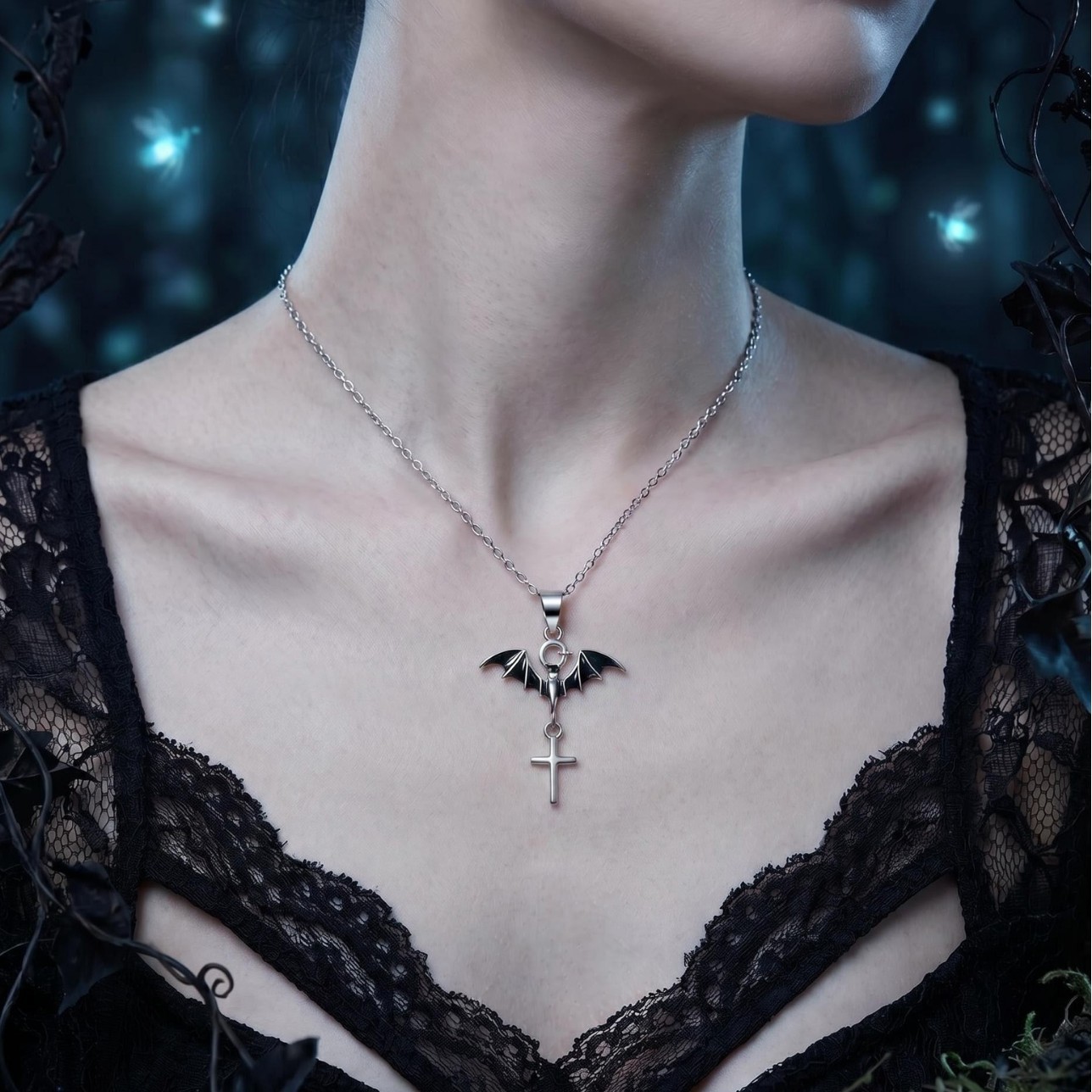 S925 Sterling Silver Halloween Bat Cross Necklace