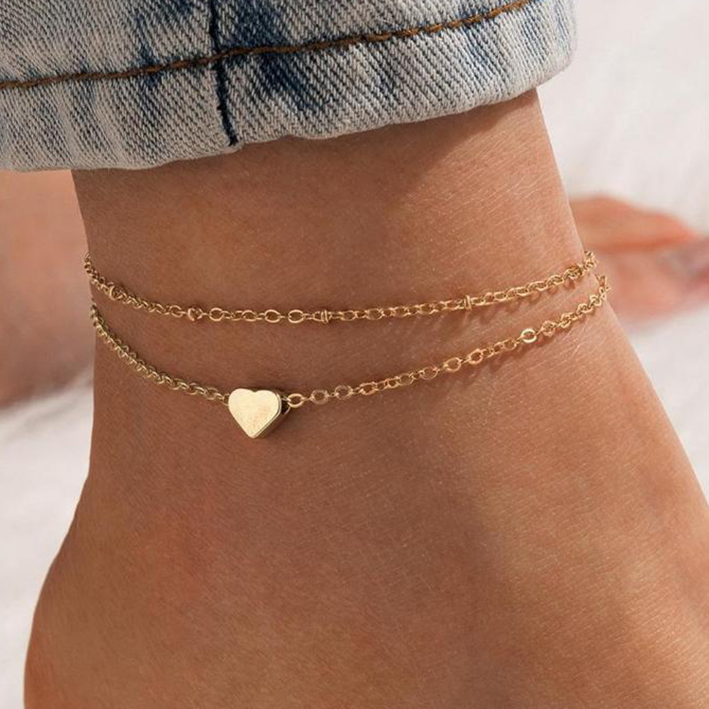 S925 Sterling Silver Double-Layer Chain Heart-Shaped Pendant Anklet