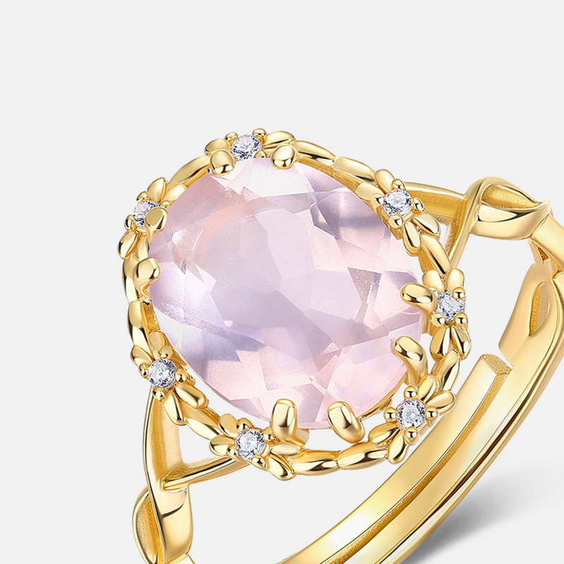S925 Sterling Silver Gold-Plated Natural Rose Crystal Carved Ring