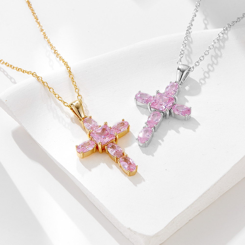 S925 Sterling Silver Pink Zircon Cross Necklace
