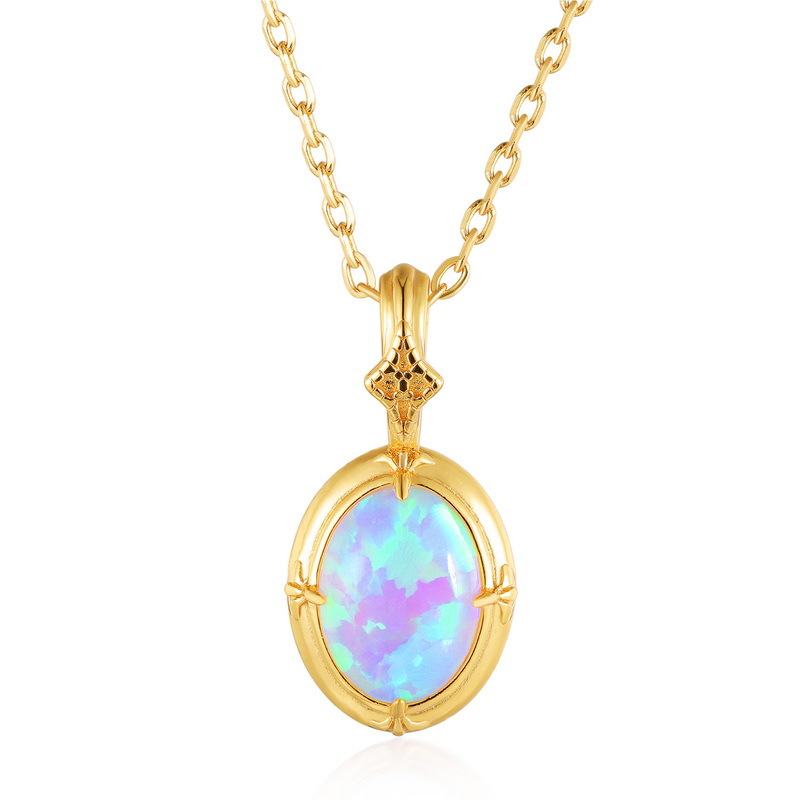 S925 Sterling Silver Plated Gold Synthetic Opal Charm Necklace