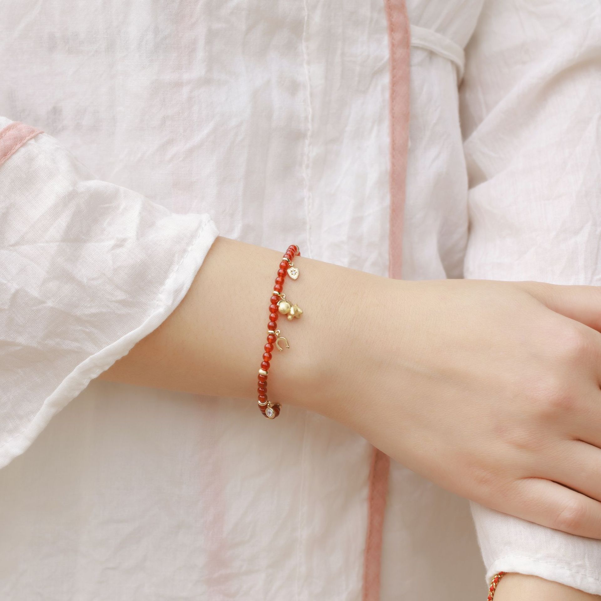 S925 Sterling Silver Horse Year Red Agate Beaded Bracelet