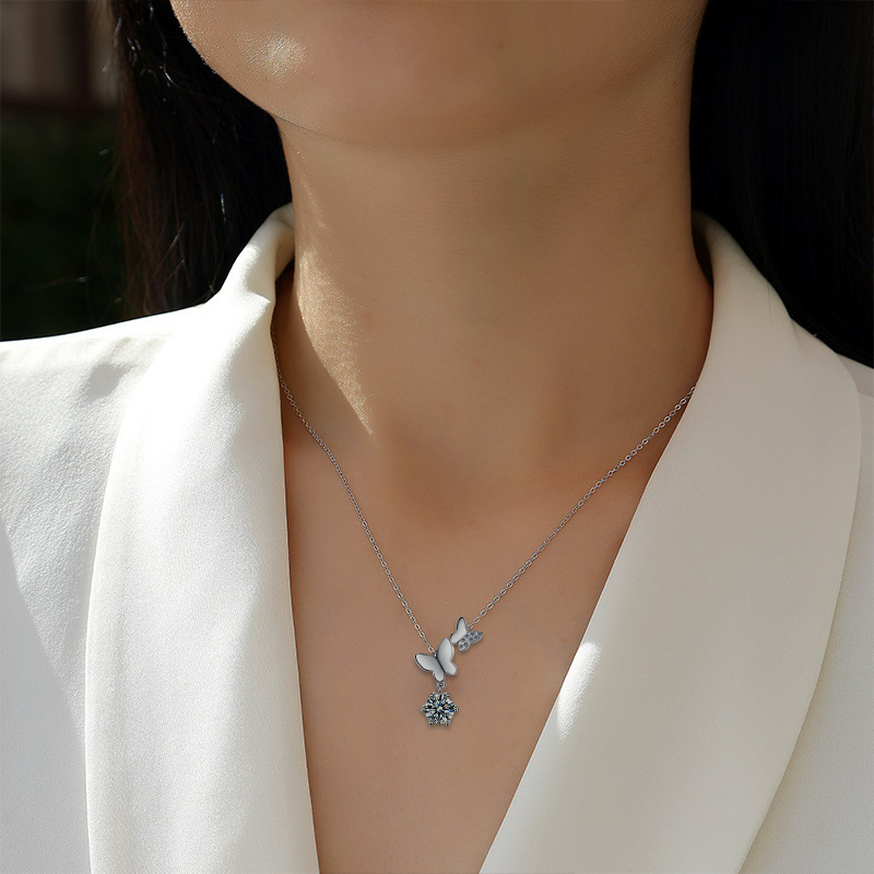 S925 Sterling Silver Moissanite Butterfly Pendant Necklace