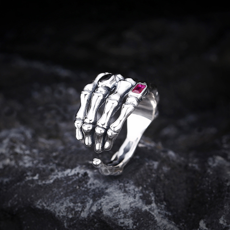 S925 Sterling Silver Halloween Skull Claw Open Ring