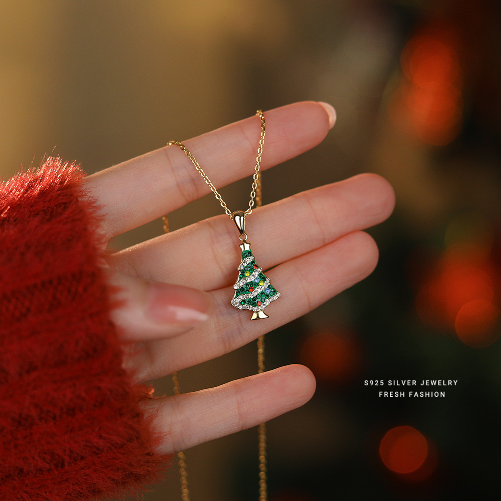 S925 Sterling Silver Christmas Tree Necklace with Colorful Zirconia
