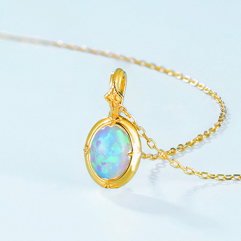 S925 Sterling Silver Plated Gold Synthetic Opal Charm Necklace