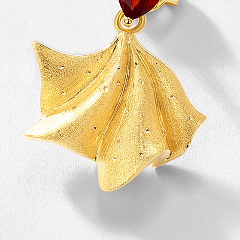 S925 Sterling Silver Gold-Plated Garnet Fan-Shaped Ginkgo Leaf Earrings