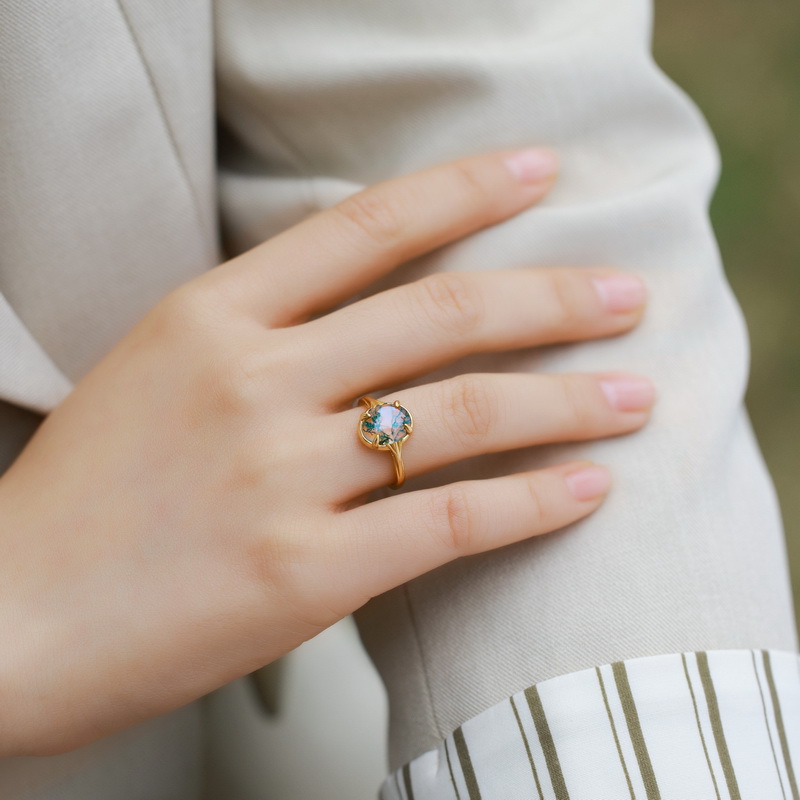 S925 Sterling Silver Gold-Plated Geometric Green Moss Ring