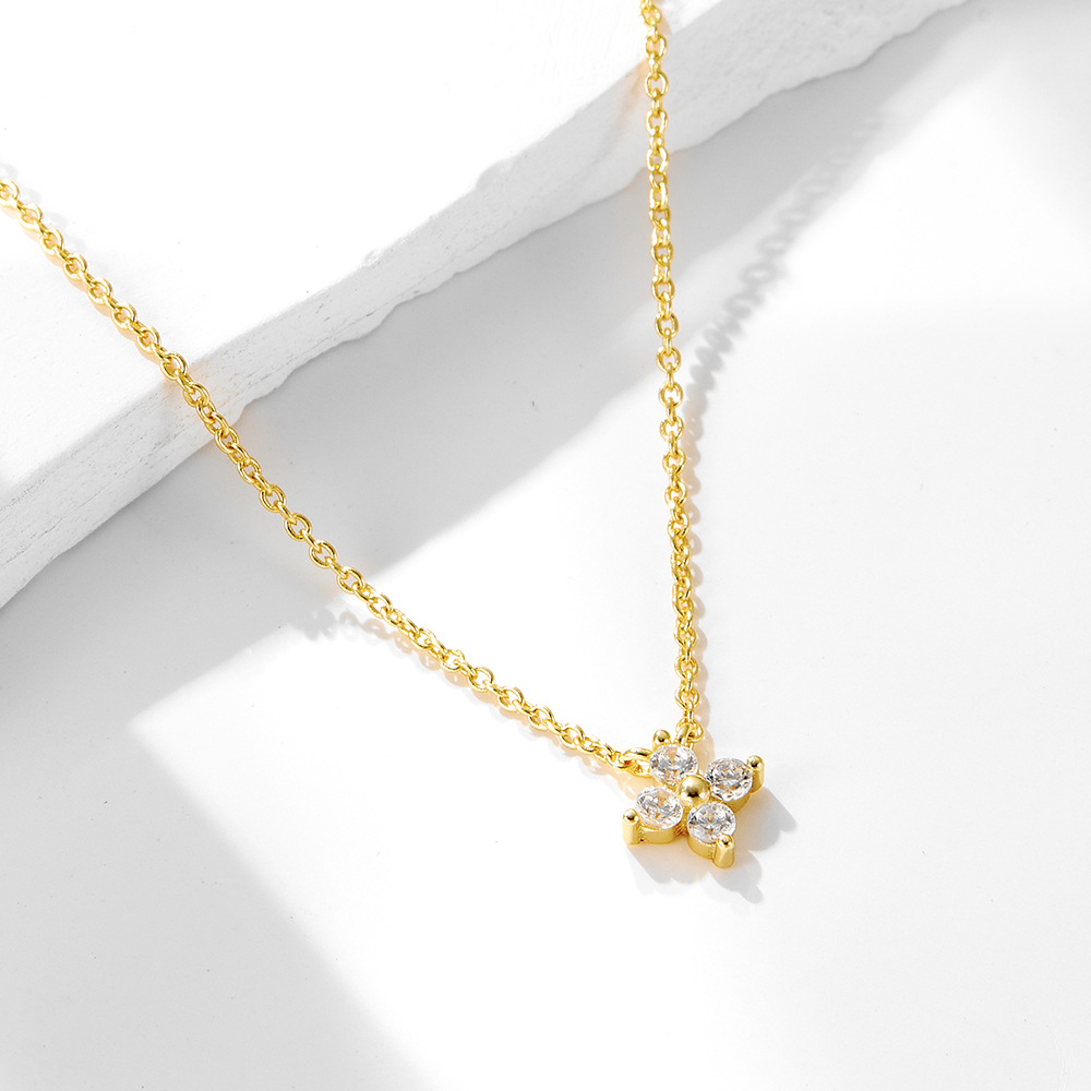 S925 Sterling Silver Plated 14K Gold Zircon Inlaid Four Leaf Clover Necklace