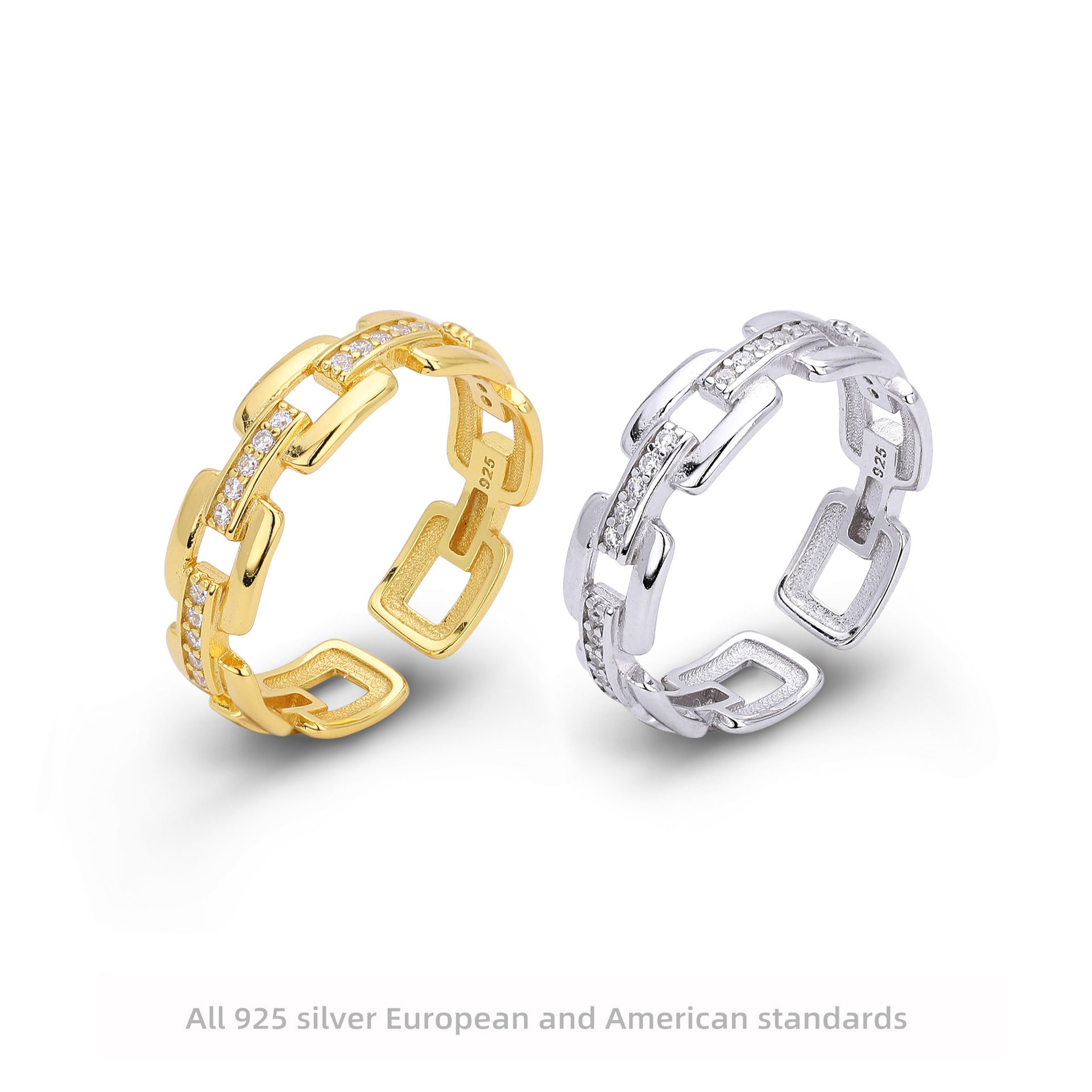 S925 Sterling Silver Ring with Zirconia Chain