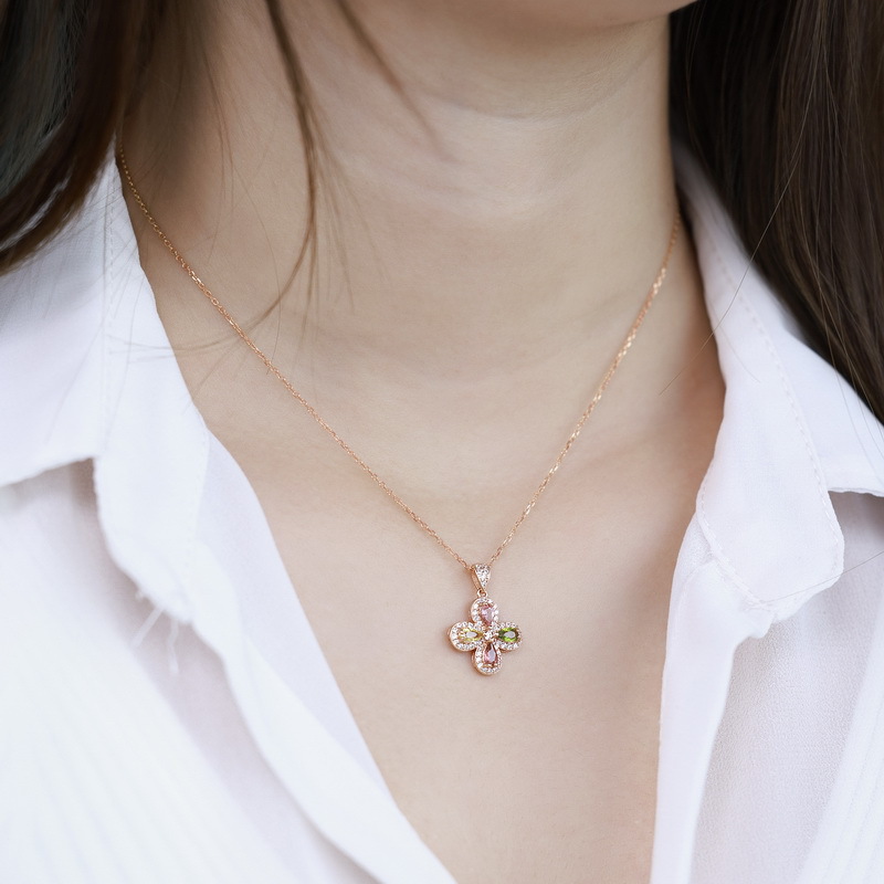 S925 Sterling Silver Four-Leaf Clover Colorful Tourmaline Pendant Necklace