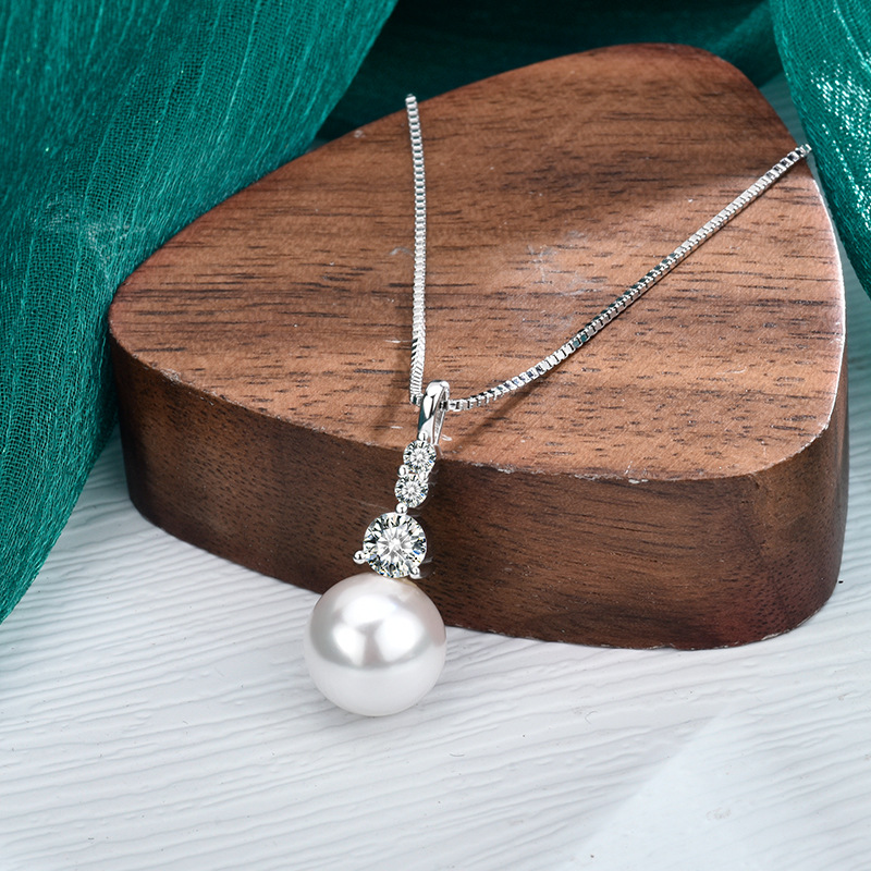 S925 Sterling Silver Moissanite Pendant Pearl Necklace